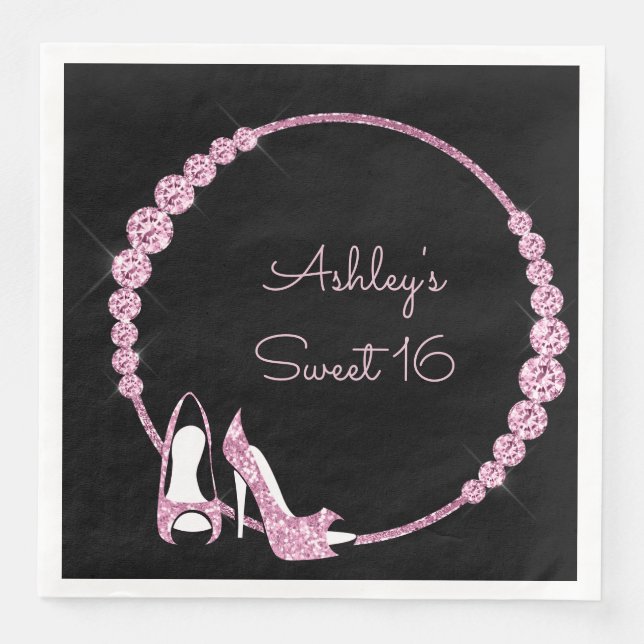 Glamourös Rosa Pumps & Diamanter Anpassad Pappersservett (Framsida)