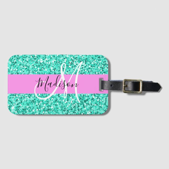 Glamourös rosa turkos glitter glitter monogramnamn bagagebricka (Framsida horisontal)