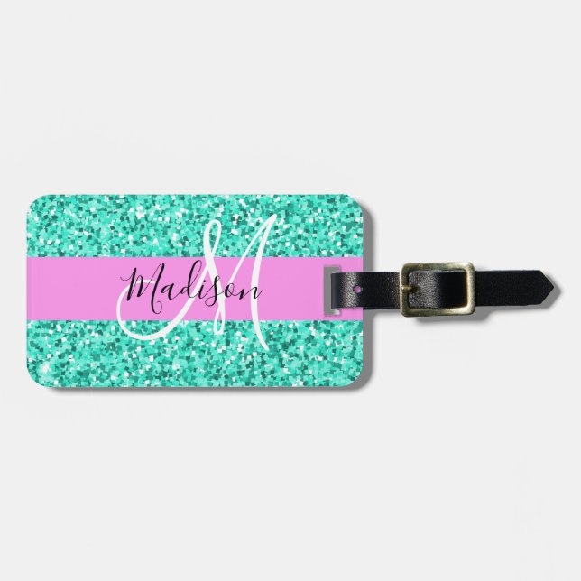 Glamourös rosa turkos glitter glitter monogramnamn bagagebricka (Horisontell Framsida)