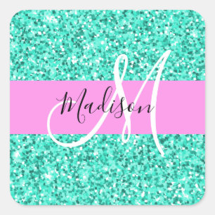 Glamourös rosa turkos glitter glitter monogramnamn fyrkantigt klistermärke