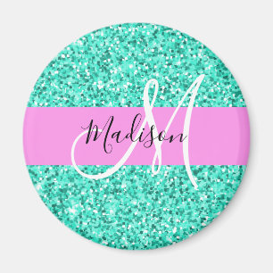 Glamourös rosa turkos glitter glitter monogramnamn magnet