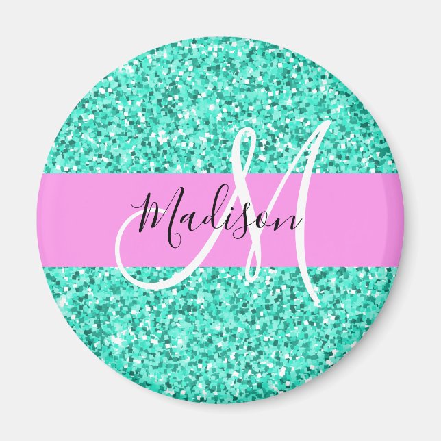 Glamourös rosa turkos glitter glitter monogramnamn magnet (Framsidan)