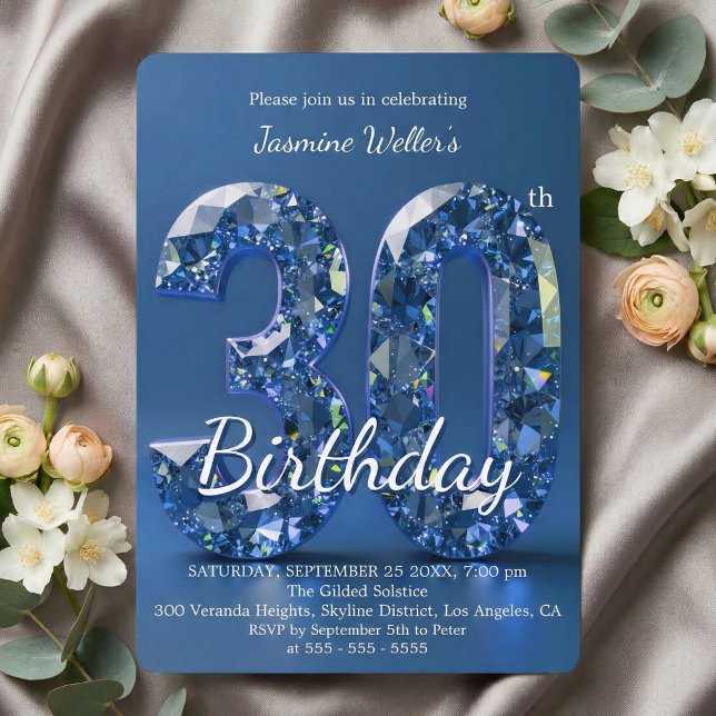 Glamourös safirblå diamant 30-årsdag inbjudningar (Skapare uppladdad)
