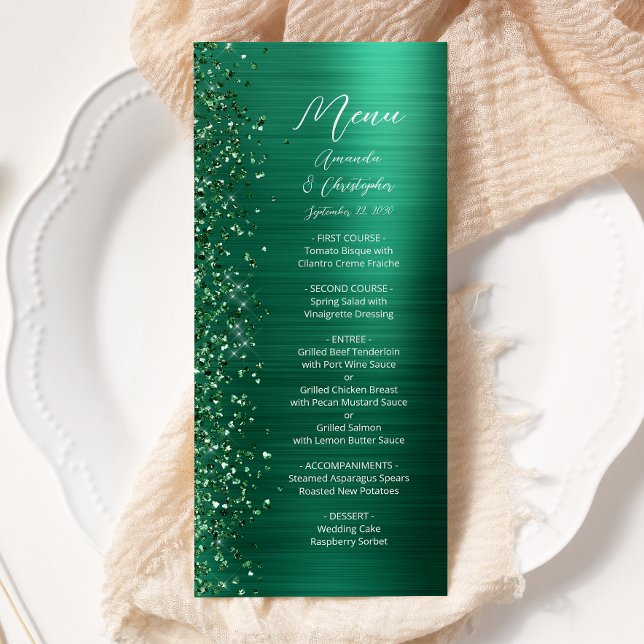 Glamourös smaragdgrön glitter borstad metall bröll meny (Skapare uppladdad)