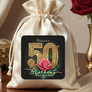 Glamourös Svart Guld Röd Ros Blommig 50-års Födels Fyrkantigt Klistermärke