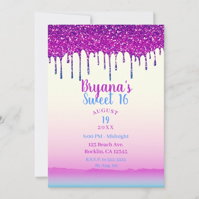 Glamourös trendig rosa blå glitterdropp Sweet 16-f Inbjudningar (Framsida)