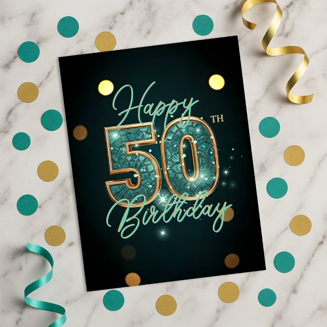 Glamourös turkos och guldmosaik 50-årsfirande vykort (Skapare uppladdad)