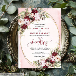 Glamourösa Boho Burgunder Rosa Guld Rosor Bröllop Inbjudningar