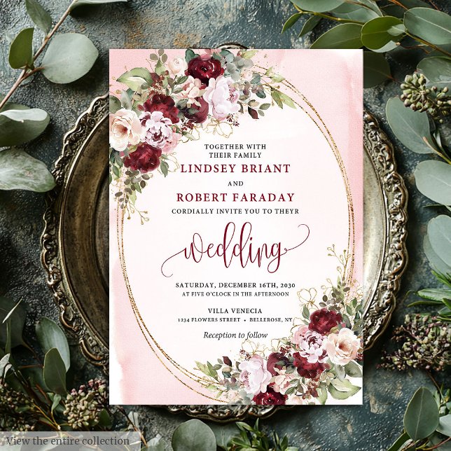 Glamourösa Boho Burgunder Rosa Guld Rosor Bröllop  Inbjudningar (Glamorous Boho Burgundy Blush Gold Roses Wedding Invite

)