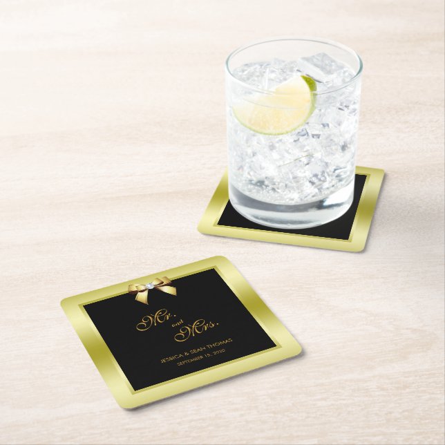 Glamourösa guld båge & svart bröllop underlägg papper kvadrat (Insitu)