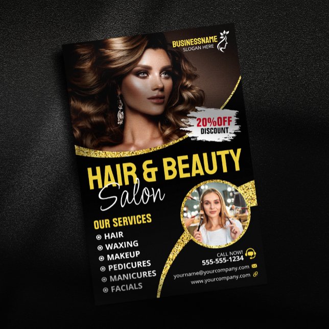 Glamourösa Guld Glitter Hår Stylist Skönhetssalong Flygblad (Skapare uppladdad)
