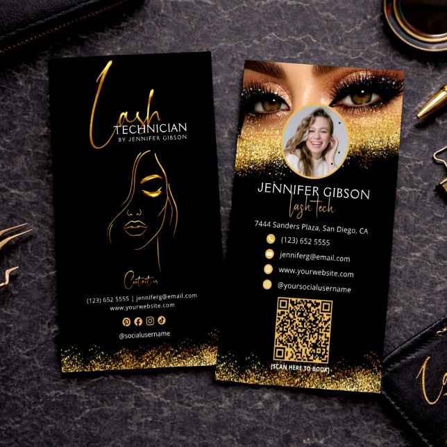 Glamourösa Guld & Svart Lash Tech QR-kod Visitkort (Skapare uppladdad)