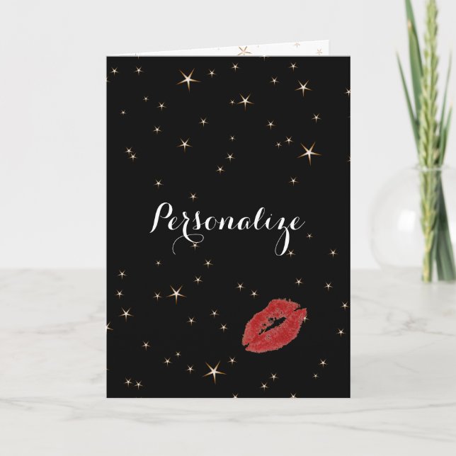 Glamourösa guldstjärnor med röda läppstiftsskydd kort (Framsida)