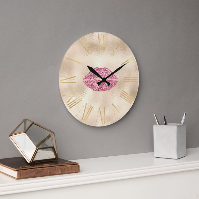 Glamourösa rosa glitterläppar på champagneguld stor klocka (Kontor)