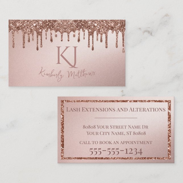 Glamourösa roséguld glittermonogram initialer visitkort (Fram/baksida)