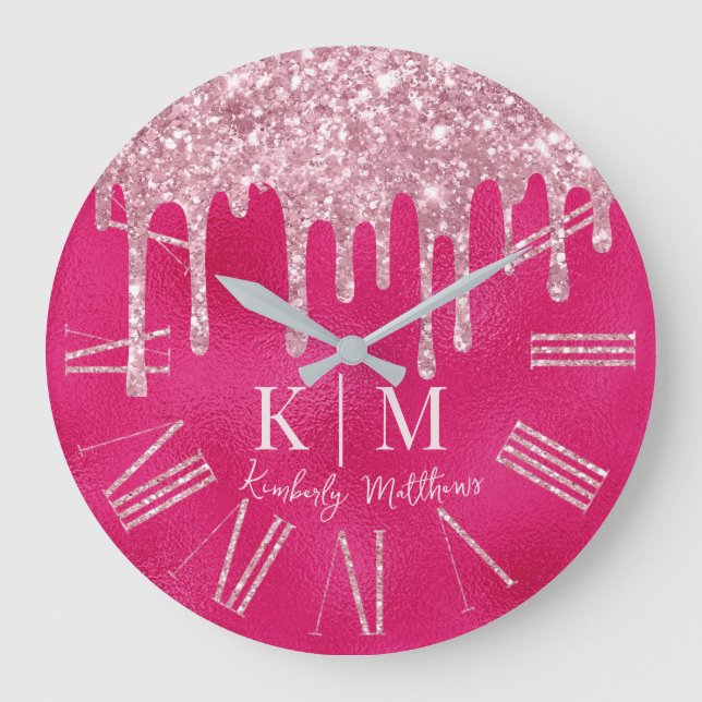 Glamourösa varma rosa glittermonogram initialer stor klocka (Framsida)