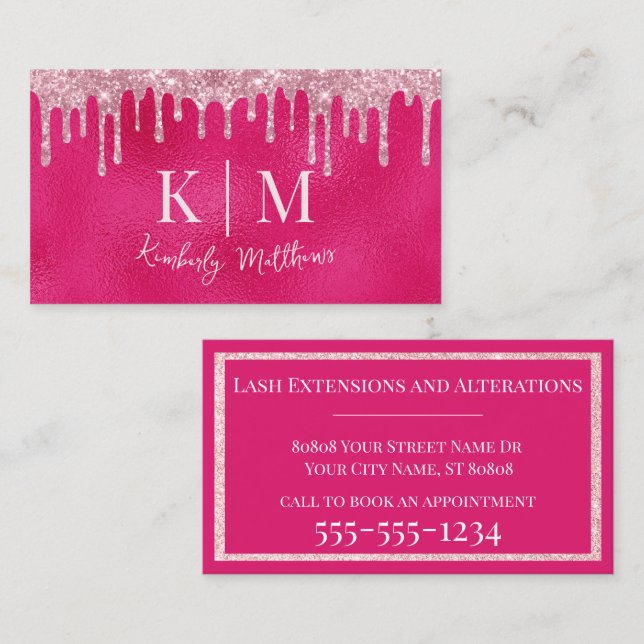 Glamourösa varma rosa glittermonogram initialer visitkort (Fram/baksida)
