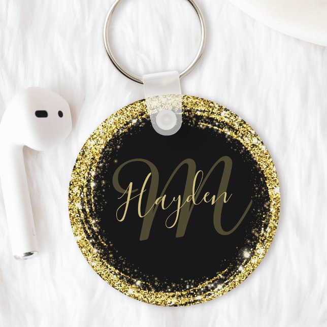 Glamouröst guld glitter monogram namn svart nyckelring (Skapare uppladdad)