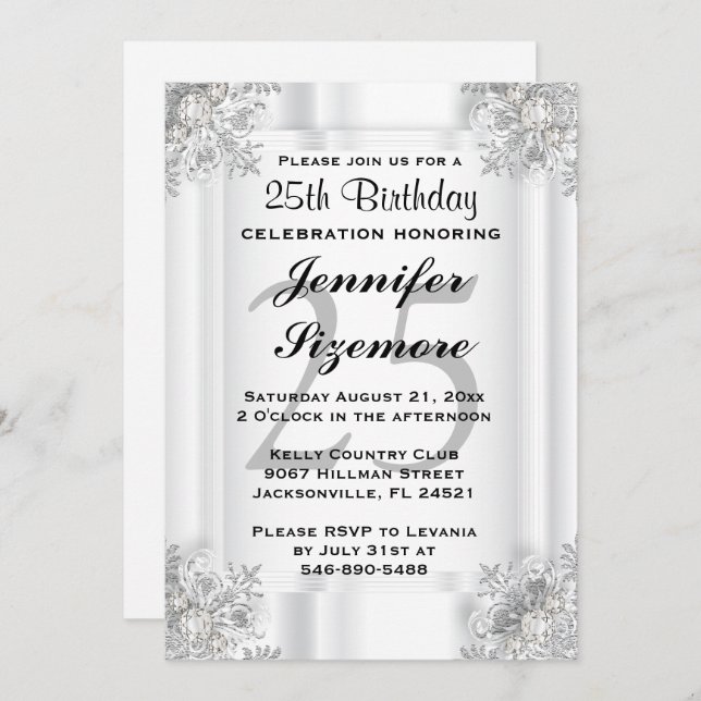 Glamourous 00:e födelsedagsdesignen i vitt inbjudningar (Fram/baksida)