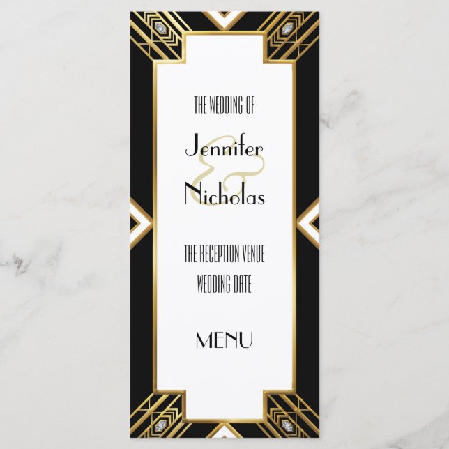 Glamourous Art Deco Geometric Bröllop Menu Meny (Framsida)