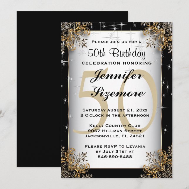 Glamourous Birthday Template - 50:e födelsedagen Inbjudningar (Fram/baksida)