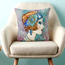 Glamourous Flapper Girl Grått Teal Ro Reversibel Kudde
