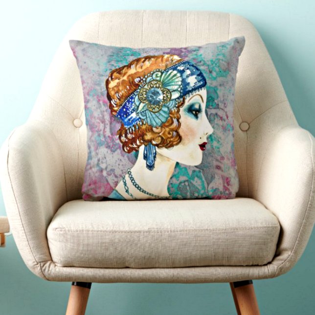 Glamourous Flapper Girl Grått Teal Ro Reversibel Kudde (Skapare uppladdad)