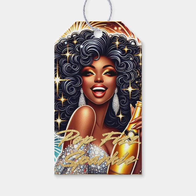 Glamous African American Woman Birthday/NYE Presentetikett (Framsidan)