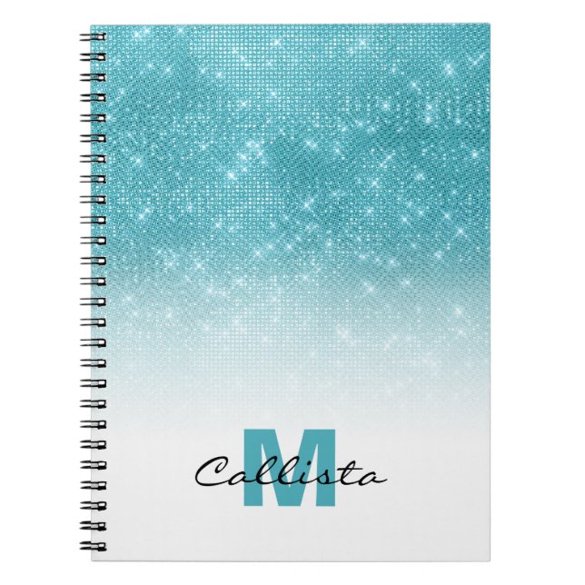 Glamous Aqua Blue Glitter Sequin Ombre Monogram Anteckningsbok (Framsidan)