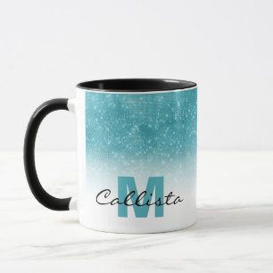 Glamous Aqua Blue Glitter Sequin Ombre Monogram Mugg