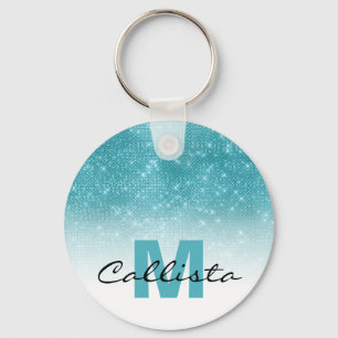 Glamous Aqua Blue Glitter Sequin Ombre Monogram Nyckelring