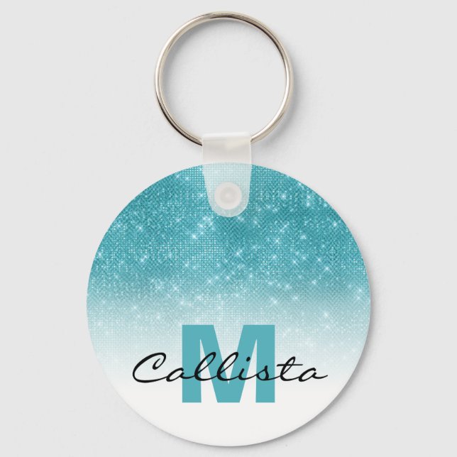 Glamous Aqua Blue Glitter Sequin Ombre Monogram Nyckelring (Framsida)