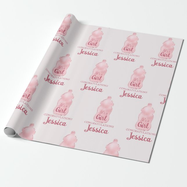 Glamous babydusch Rosa Baby Flaska Shower Presentpapper (Utrullad)
