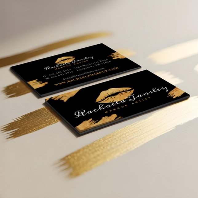 Glamous Beauty Black & Guld Läppar Makeup Artist Visitkort (Luxury Glamorous Black & Gold Lips Makeup Artist Business Card)