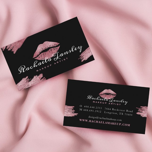 Glamous Beauty Black & Rosa Lip Makeup Artist Visitkort (Glamorous Beauty Black & Pink Lip Makeup Artist Business Card)