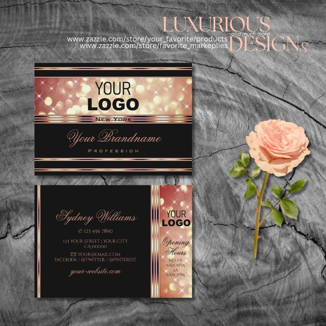 Glamous Black and Ro Guld Gnistra Glitter Logotyp Visitkort (Skapare uppladdad)