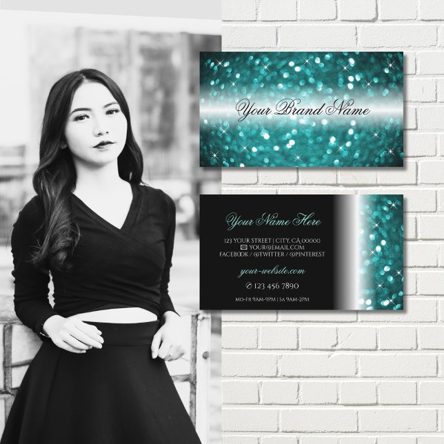 Glamous Black and Teal Sparkling Glitter Snyggt Visitkort (Skapare uppladdad)