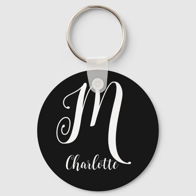 Glamous Black and White Script Monogram Namn Nyckelring (Framsida)