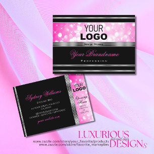 Glamous Black Girly Rosa Glitter Logotyp Silver Visitkort