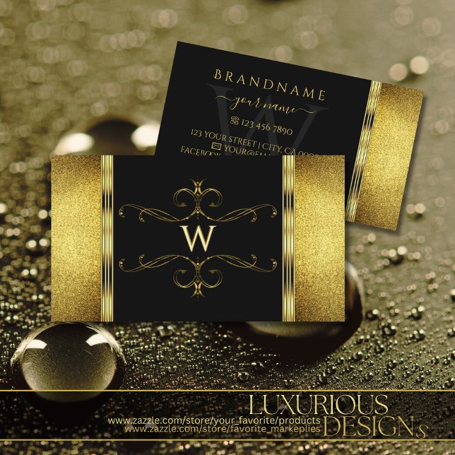 Glamous Black Guld Glitter Decorated Monogram Visitkort (Skapare uppladdad)