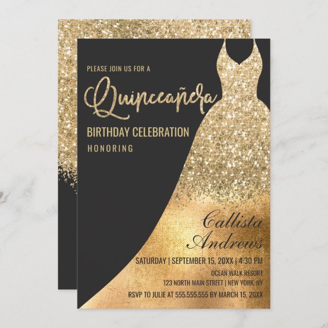 Glamous Black Guld Glitter Dress Quinceañera Inbjudningar (Fram/baksida)