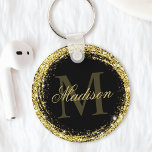 Glamous Black Guld Glitter Monogram Namn Nyckelring<br><div class="desc">Anpassa enkelt den lyxglam som ramade upp nyckelkedjan guld glitter med ditt eget namn och monogram.</div>