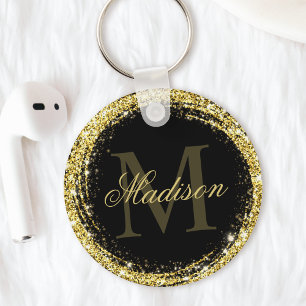 Glamous Black Guld Glitter Monogram Namn Nyckelring