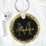 Glamous Black Guld Glitter Monogram Namn Nyckelring<br><div class="desc">Anpassa enkelt den lyxglam som ramade upp nyckelkedjan guld glitter med ditt eget namn och monogram.</div>