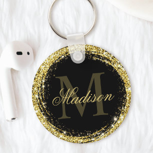 Glamous Black Guld Glitter Monogram Namn Nyckelring