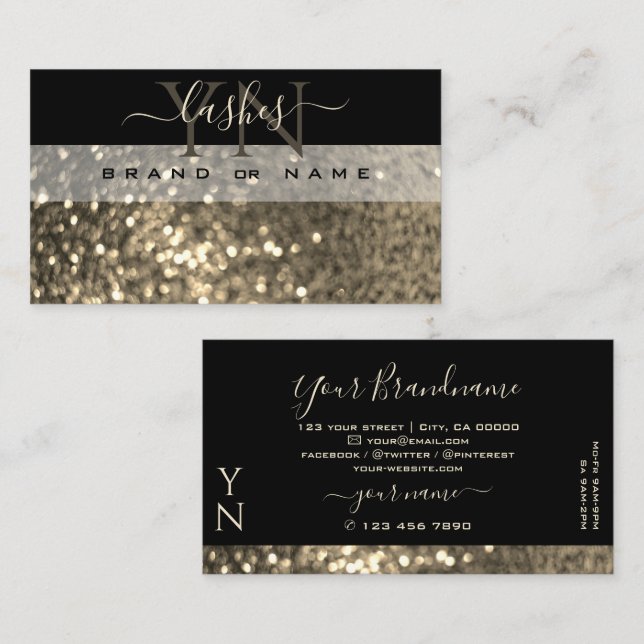 Glamous Black Guld Gnistra Glitter med Monogram Visitkort (Fram/baksida)