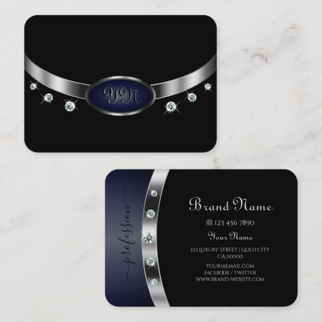 Glamous Black och Silver med Monogram Diamonds Visitkort (Fram/baksida)