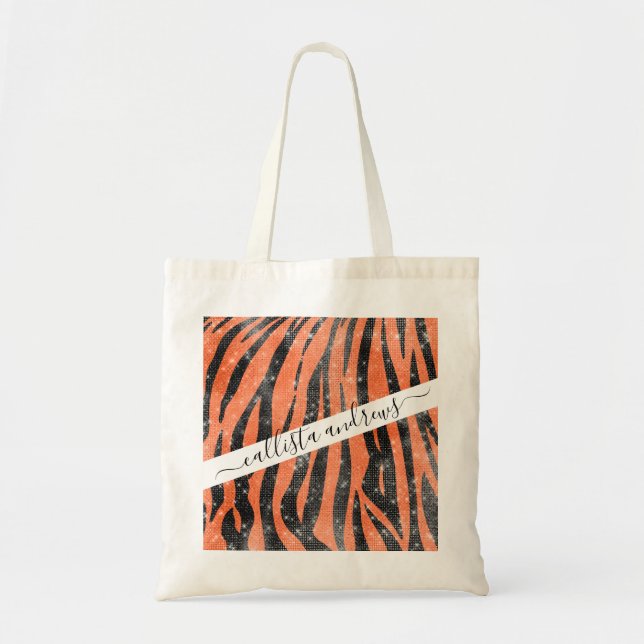 Glamous Black Orange Glitter Animal Tiger Rand Tygkasse (Framsidan)