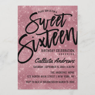 Glamous Black Rosa Glitter Sequins Sweet 16 Inbjudningar