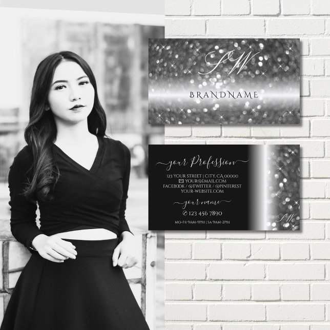 Glamous Black Silver mousserande Glitter Initialer Visitkort (Skapare uppladdad)
